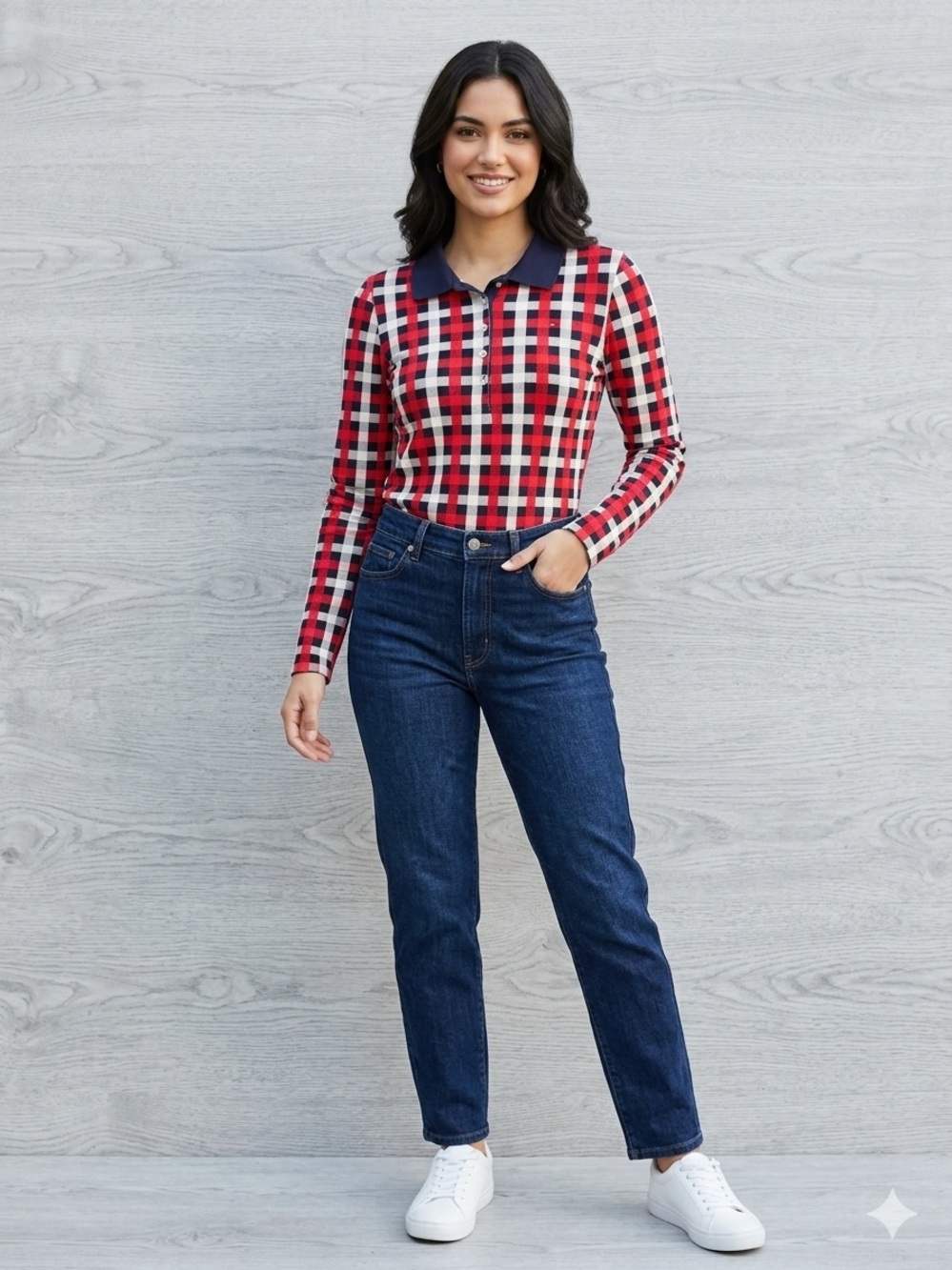 Tommy Hilfiger Plaid Knit Long Sleeve Polo Shirt S
